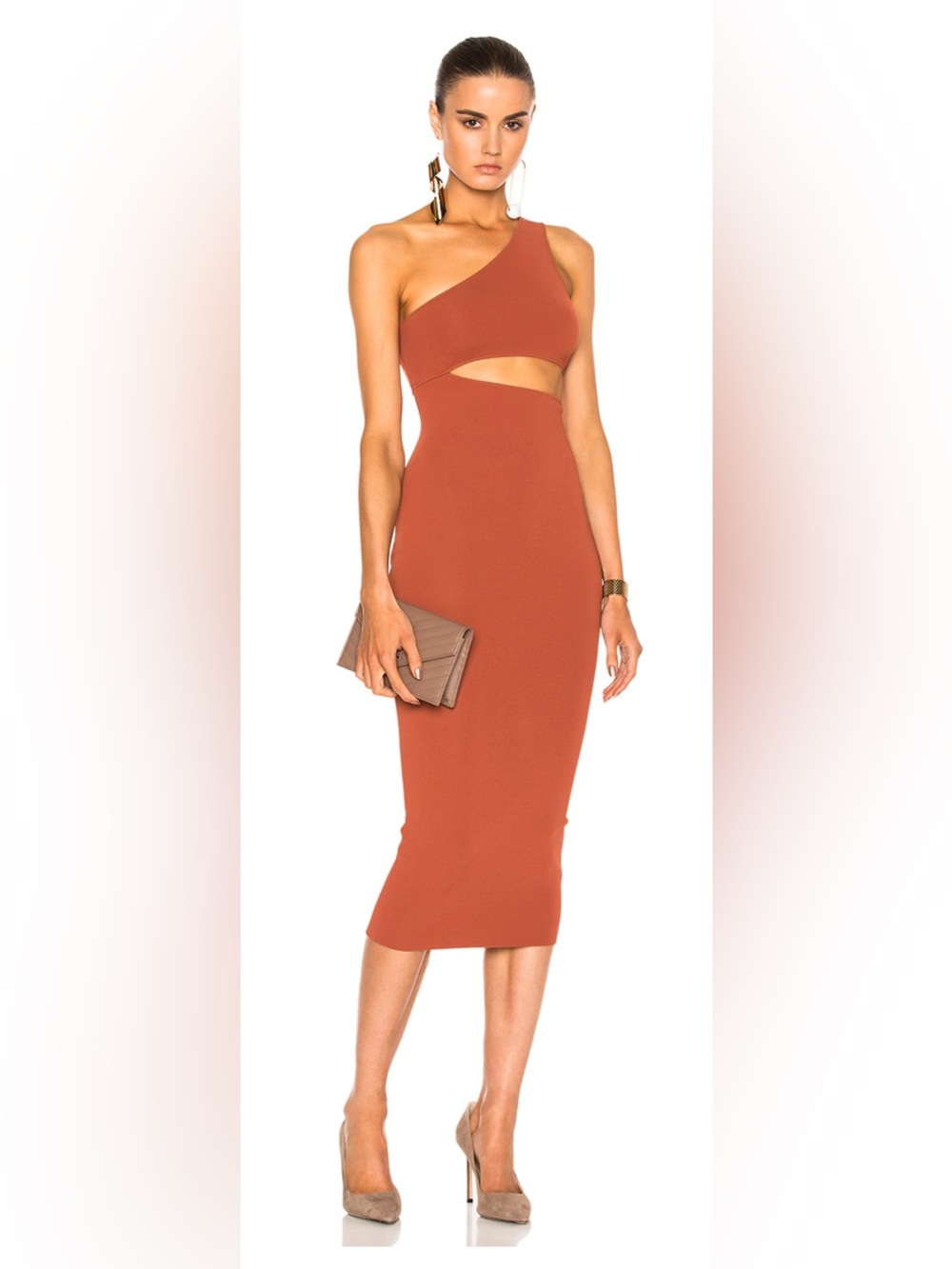 Stella McCartney One Shoulder Cut Out Dress in Terracotta